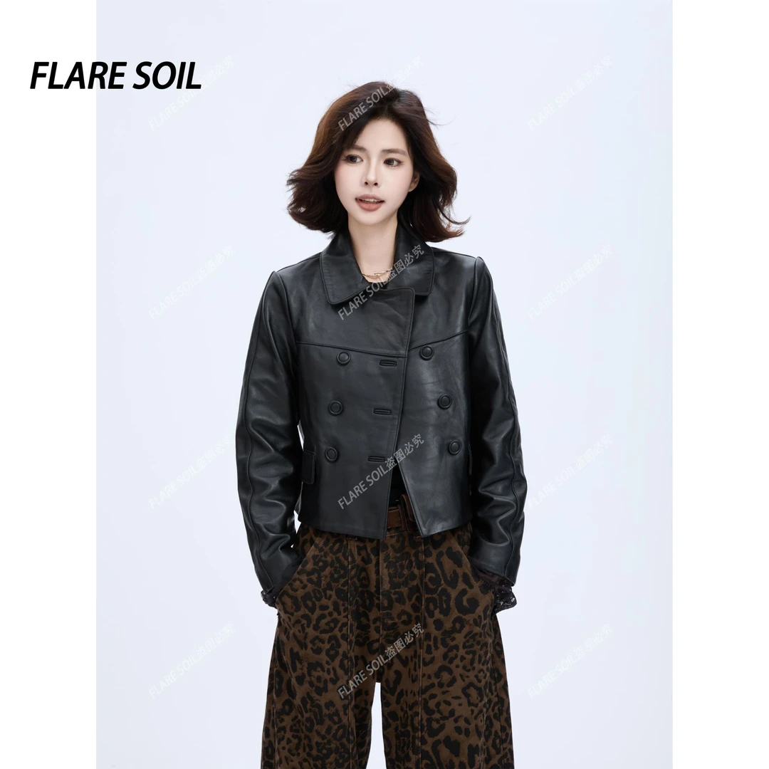 【FLARE SOIL】（现货）翻领皮衣秋季短款酷帅女外套 T4591A