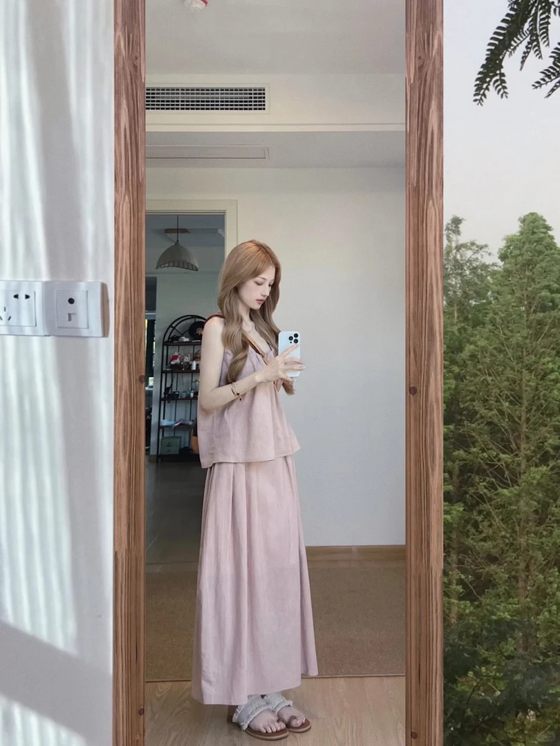 夏季法式甜美温柔风格纹系带短袖衬衫+高腰宽松半身裙子两件套装