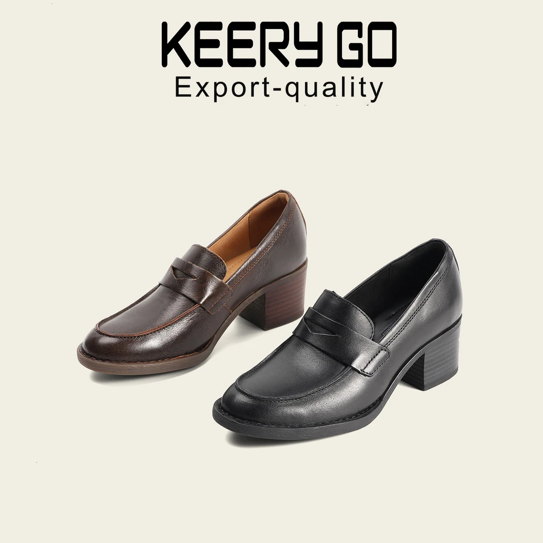 keerygo通勤百搭软底一脚蹬大码单鞋粗跟乐福鞋英伦风手工小皮鞋