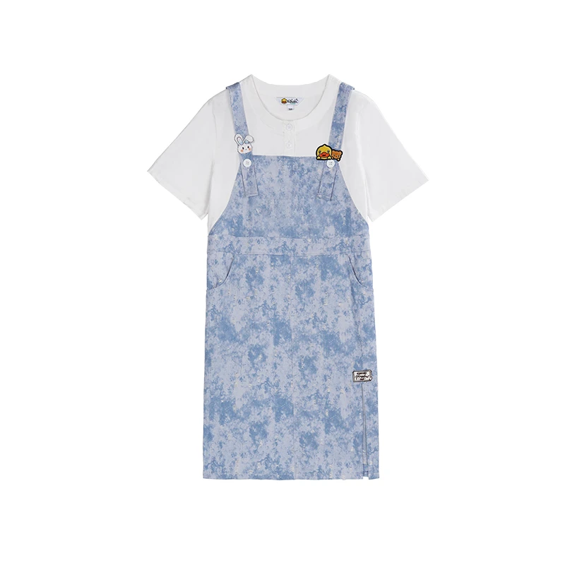 B.Duck小黄鸭2025夏季新款仿牛仔撞色蝴蝶结假两件短袖连衣裙