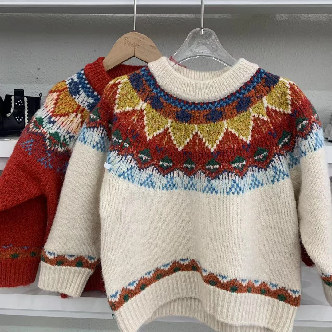 B086款女童红色浪漫费尔岛毛衣儿童洋气加厚保暖撞色针织套头衫