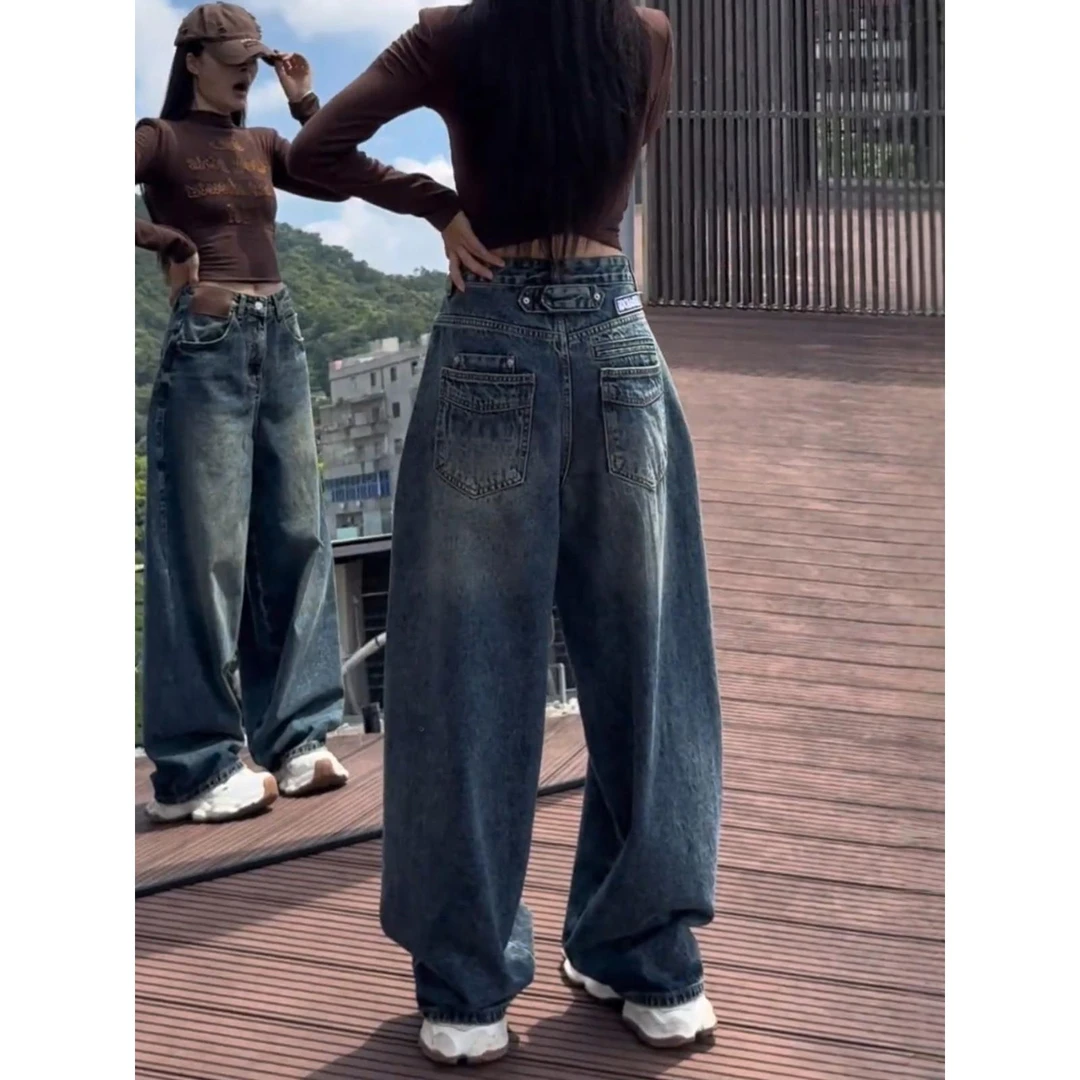 大码弯刀阔腿牛仔裤女秋季今年新款胖mm显瘦宽松美式窄版直筒裤子