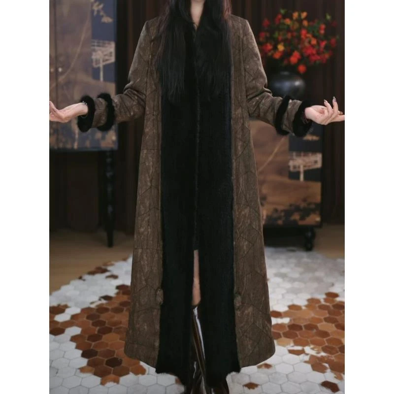 B【寄云】香云纱咖色高级长款气质保暖冬季中长款收腰大衣