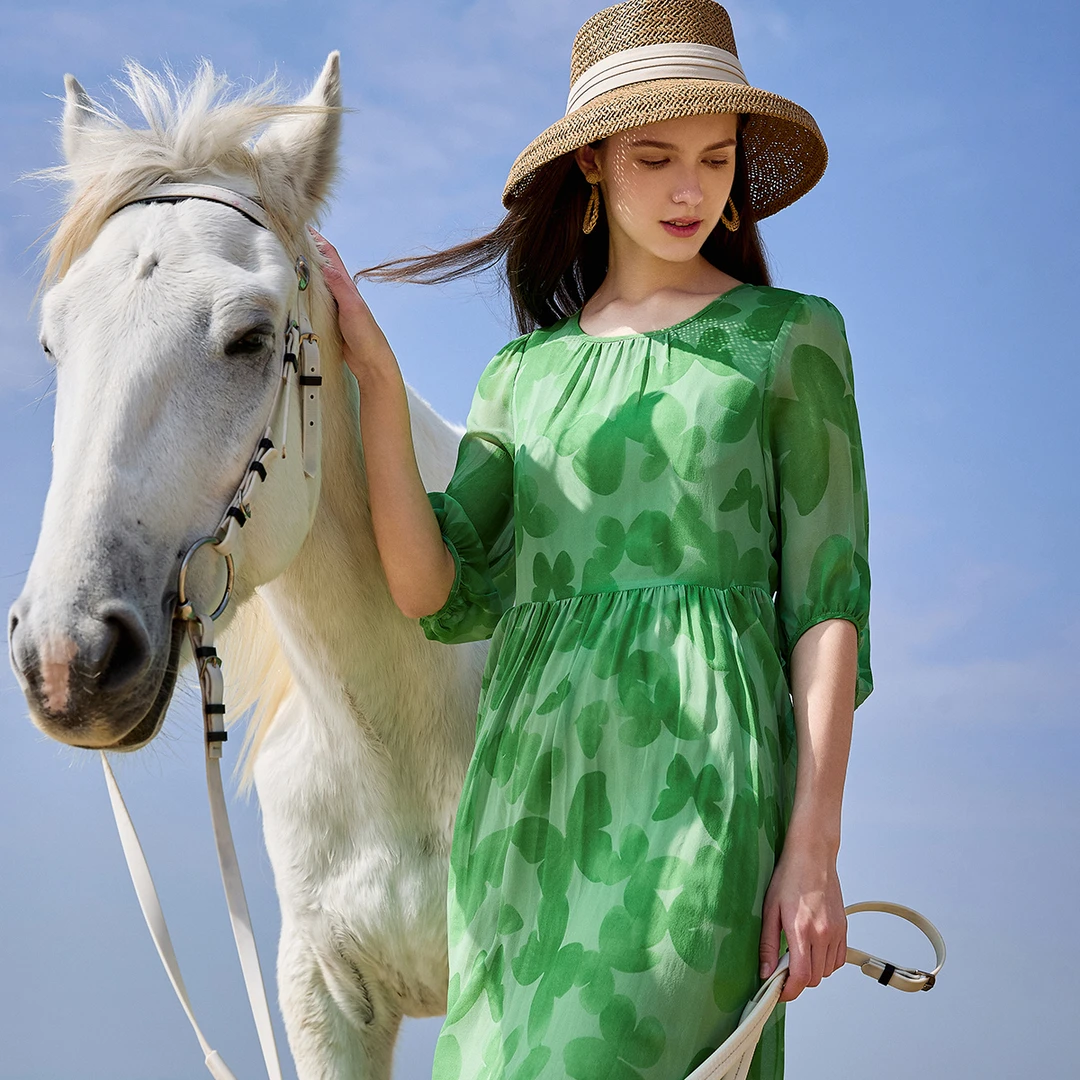 桑蚕丝圆领七分袖飘逸长裙印花真丝连衣裙634312