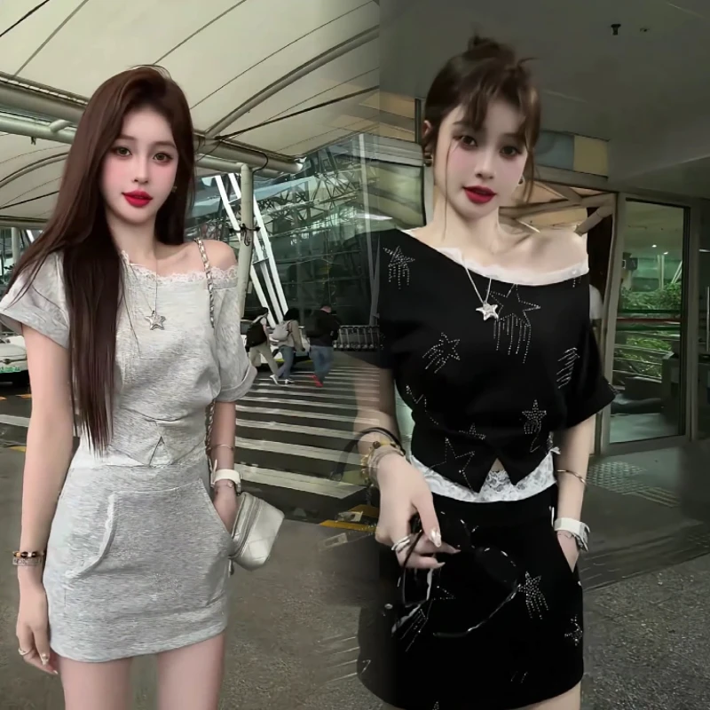韩系辣妹蕾丝收腰纯欲两件套女装性感一字肩短款T恤显瘦百搭短裙