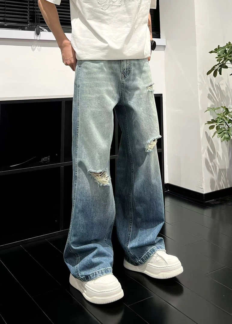 【断码清】YJ玖柒夏季美式高街水洗牛仔裤男女潮流阔腿破洞裤K8817