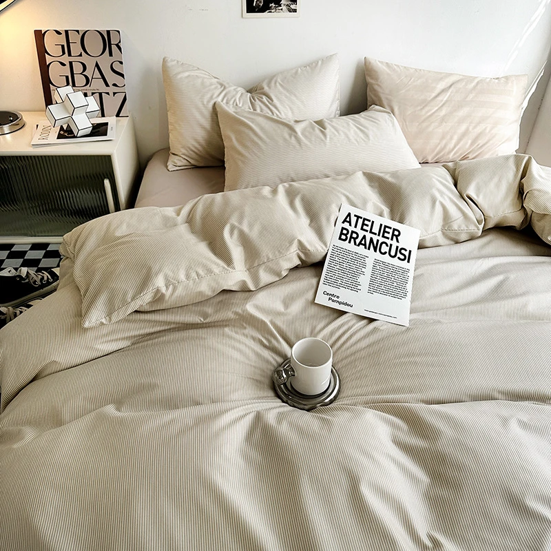 ins超柔色织纯棉水洗棉床上四件套床笠款简约宿舍床单三件套轻奢