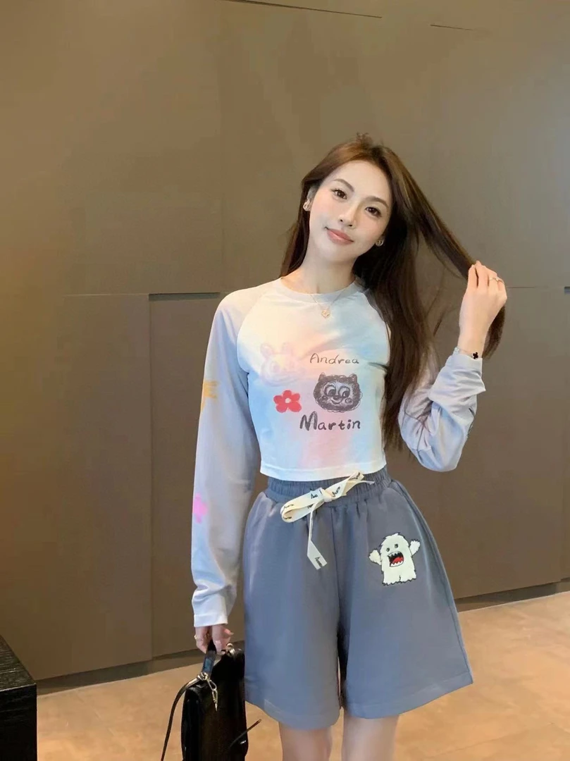 AndreaMartin｜秋款灰色小怪兽贴布绣抽绳字母LOGO五分短裤休闲