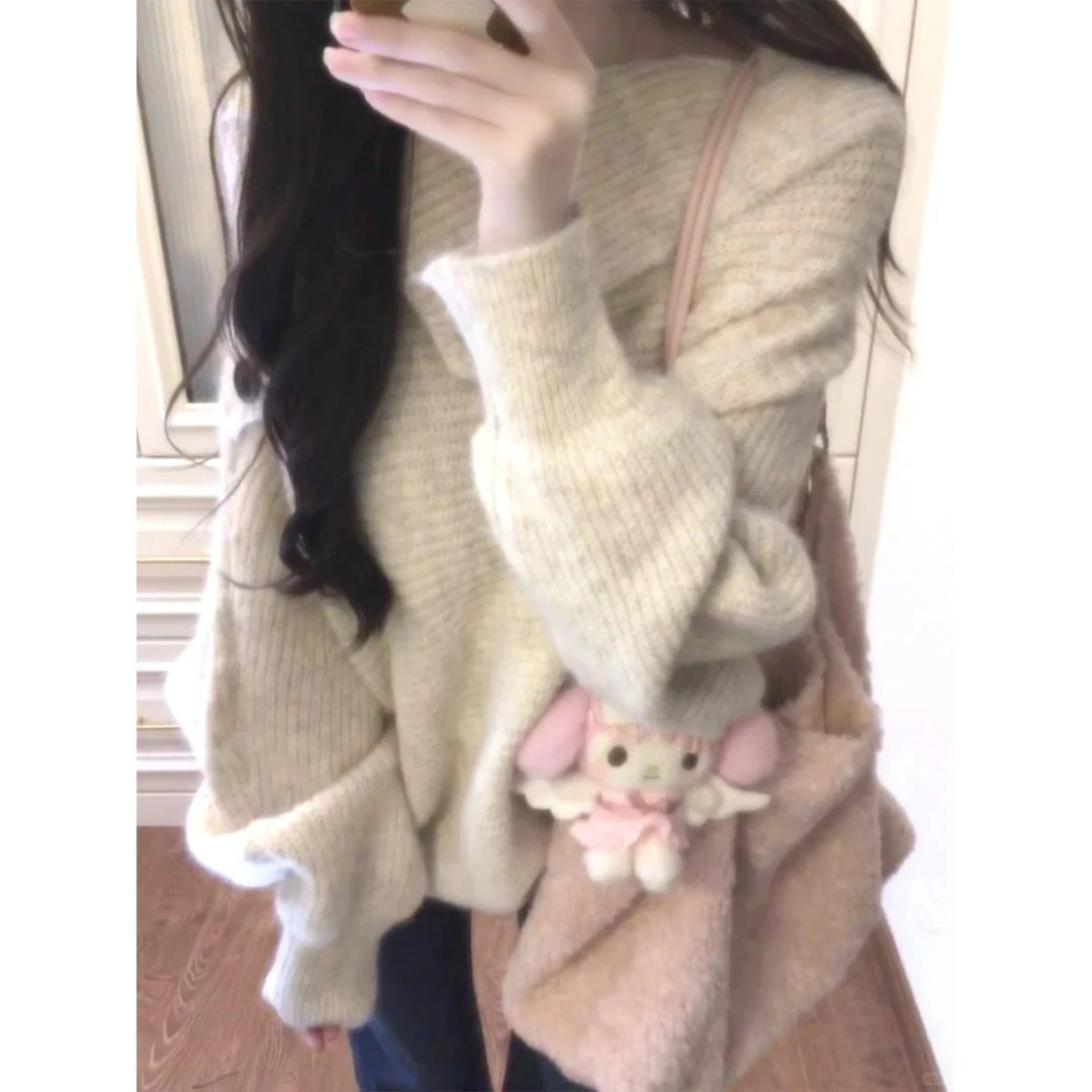 纽扣一字堆堆领设计感毛衣上衣蓝色直筒牛仔裤休闲直筒裤宽松长裤