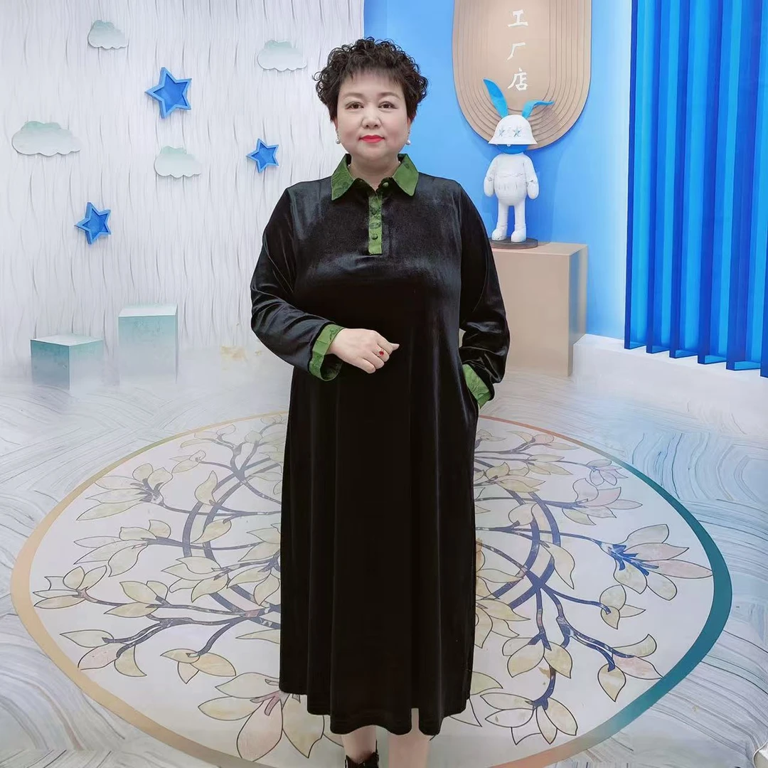 春季新款金丝绒时尚黑色连衣裙常规显瘦中长款A字裙中老年女装