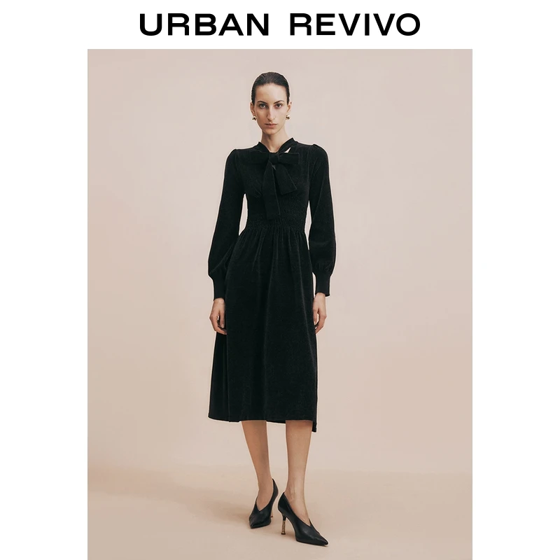 UR2025冬季新款女装气质飘带领打揽针织连衣裙UWG950176+