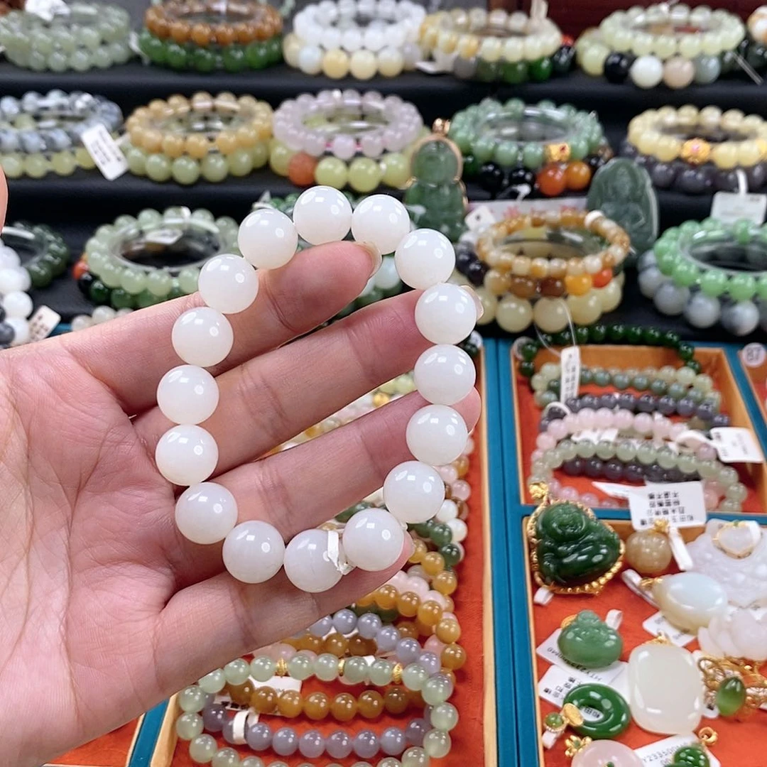 和田玉手链 12MM未镶嵌白玉