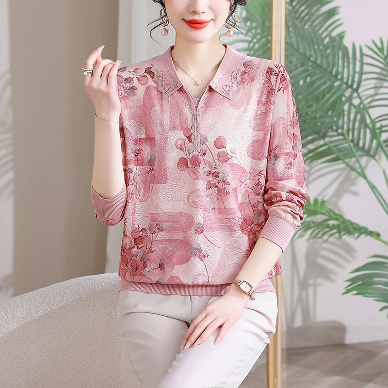 中老年妈妈装春夏季长袖薄款T恤翻领洋气小衫老年人打底衫上衣