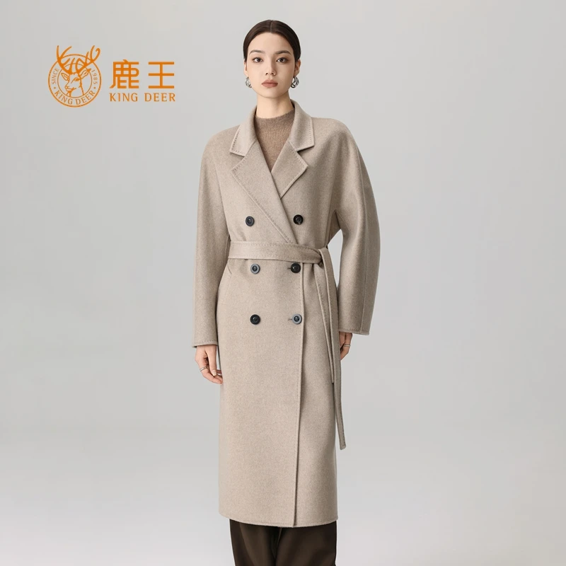 【国王的礼物】鹿王女翻领100小山羊绒双排扣系带长款大衣 A802