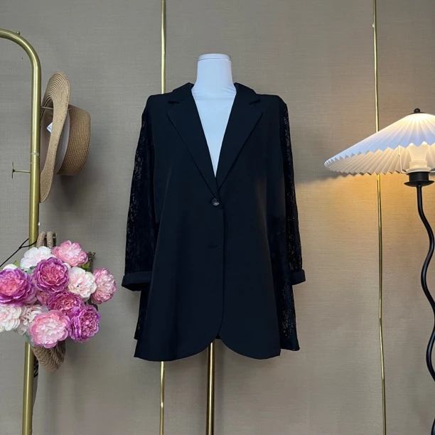 【F389】黑色蕾丝拼接西装上衣气质休闲百搭