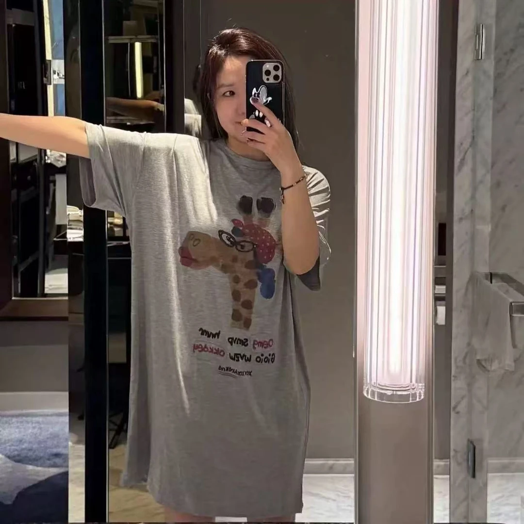 可爱推荐【实体品质】卡通高弹莫代尔半袖条睡裙家居可外穿家居裙