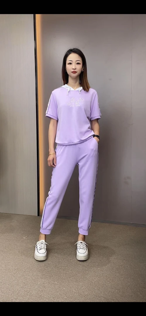 运动紫色休闲套装女2025夏季新款两件套纯色韩版束脚裤显瘦套装