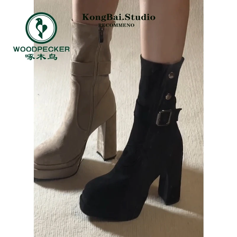 啄木鸟小个子厚底粗跟短靴女2025新款秋复古绒面超高跟弹力瘦瘦靴