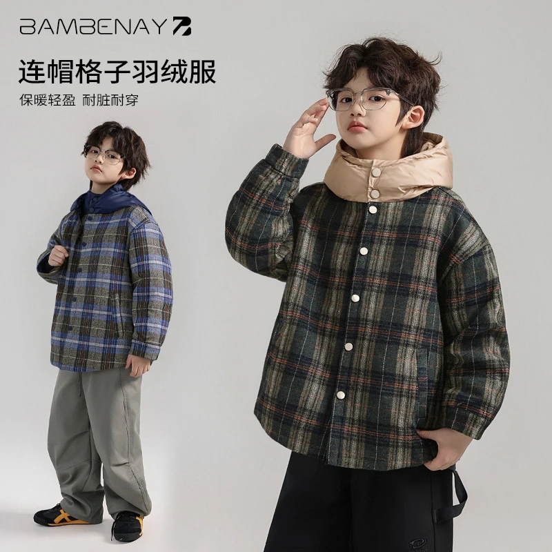 班贝纳【连帽格纹羽绒服】男童90白鸭绒保暖防寒冬款中大儿童C2991