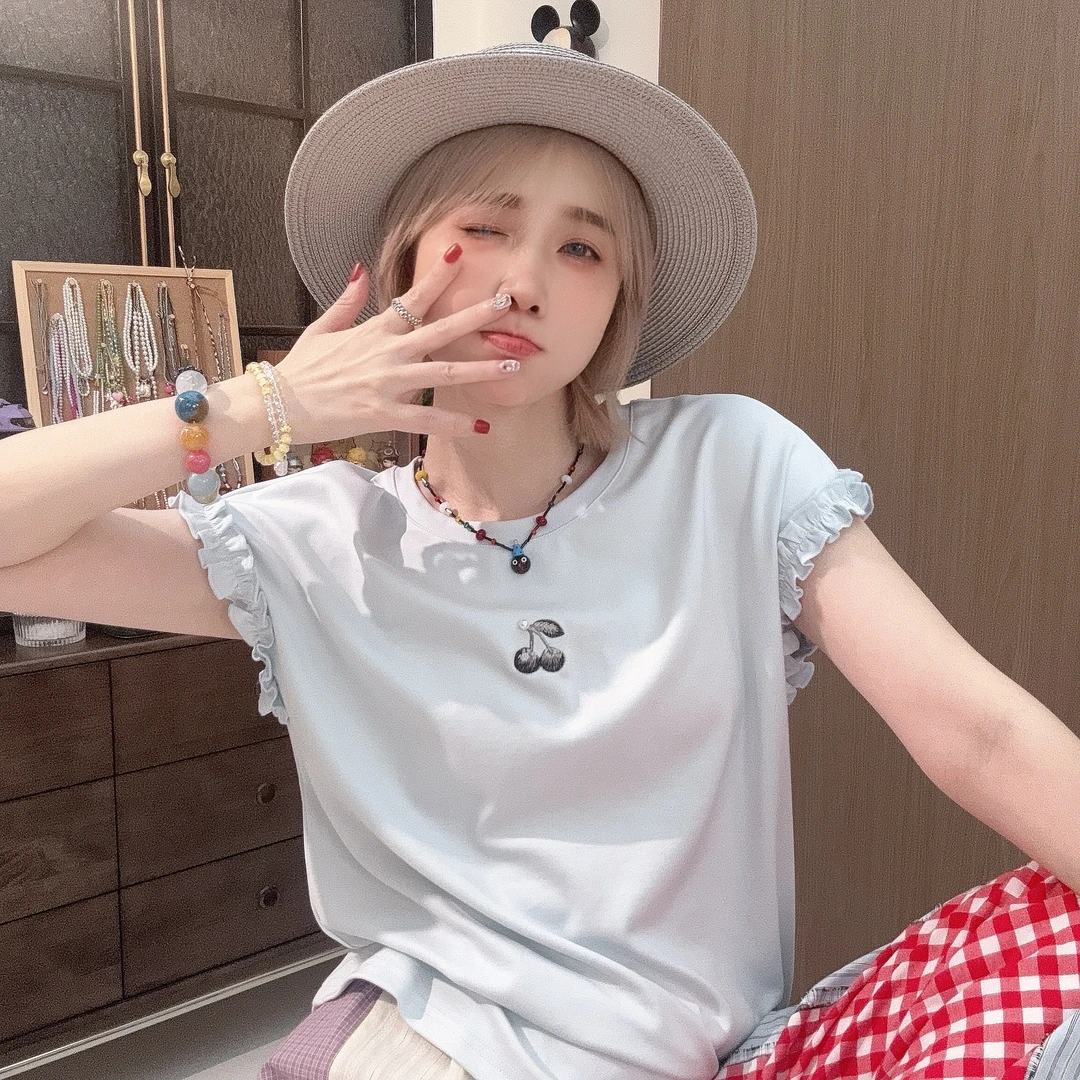 Apr.【奶油樱桃】飞袖显瘦花边减龄圆领百搭夏季休闲T恤女夏SC2567