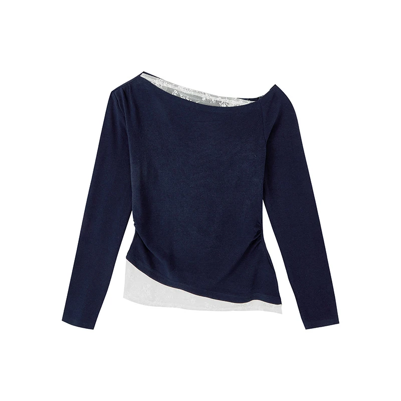 【达人专属】设计感蕾丝拼接斜肩T恤W5619