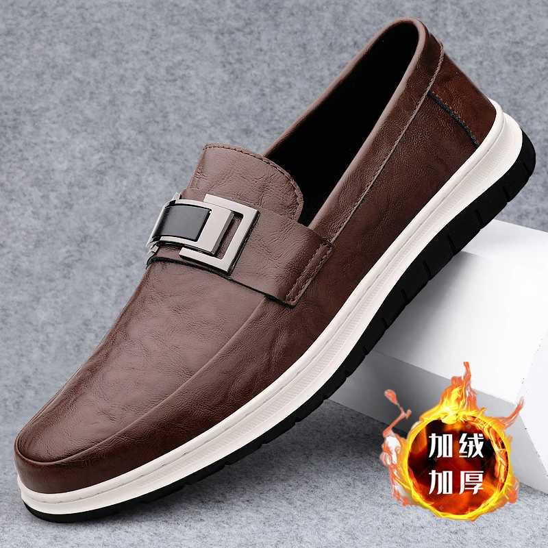 皮鞋男秋冬加绒保暖时尚百搭潮流软底商务休闲鞋防滑韩版豆豆鞋潮