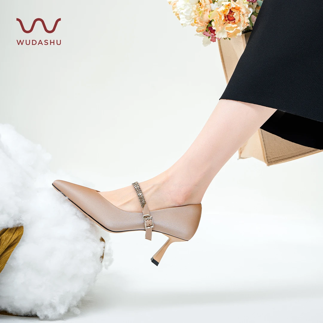 吴大叔春季新款尖头一字带细跟高跟鞋时尚百搭气质舒适温柔风女鞋