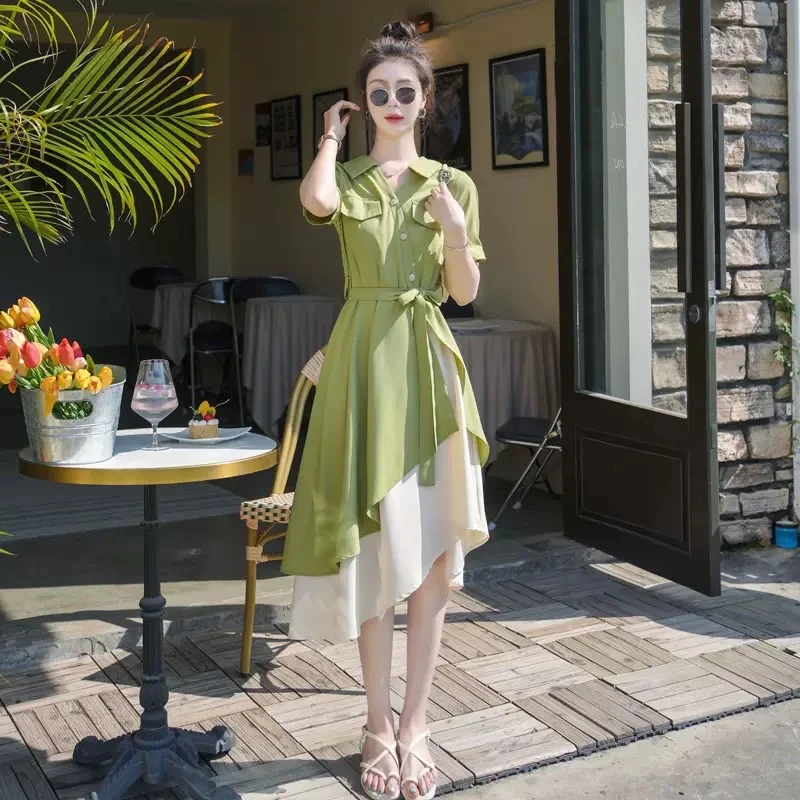 不规则高级感连衣裙女夏季新款法式小众设计假两件森系衬衫裙