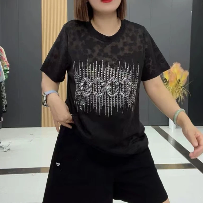 梦梦家3039款时尚洋气百搭夏季薄款透气蕾丝半袖衫