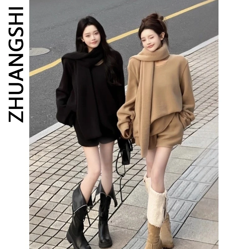 Z063#慵懒风百搭上衣高腰显瘦短裤两件套女冬季时尚休闲套装