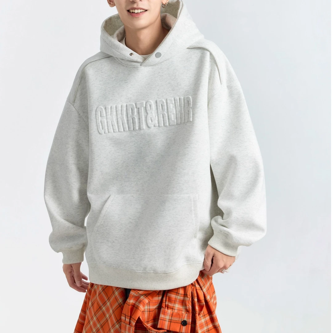 潮牌重磅钢印字母连帽卫衣男款加绒加厚美式宽松廓形休闲上衣百搭