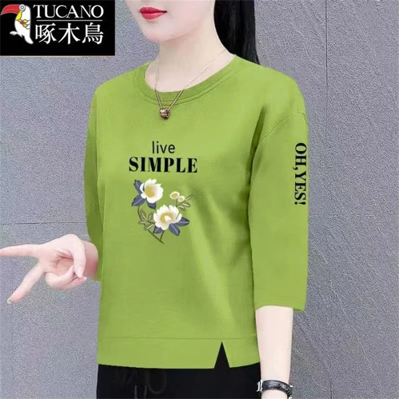 啄木鸟夏季薄款印花七分袖T恤女2025年新款修身显瘦圆领大码上衣