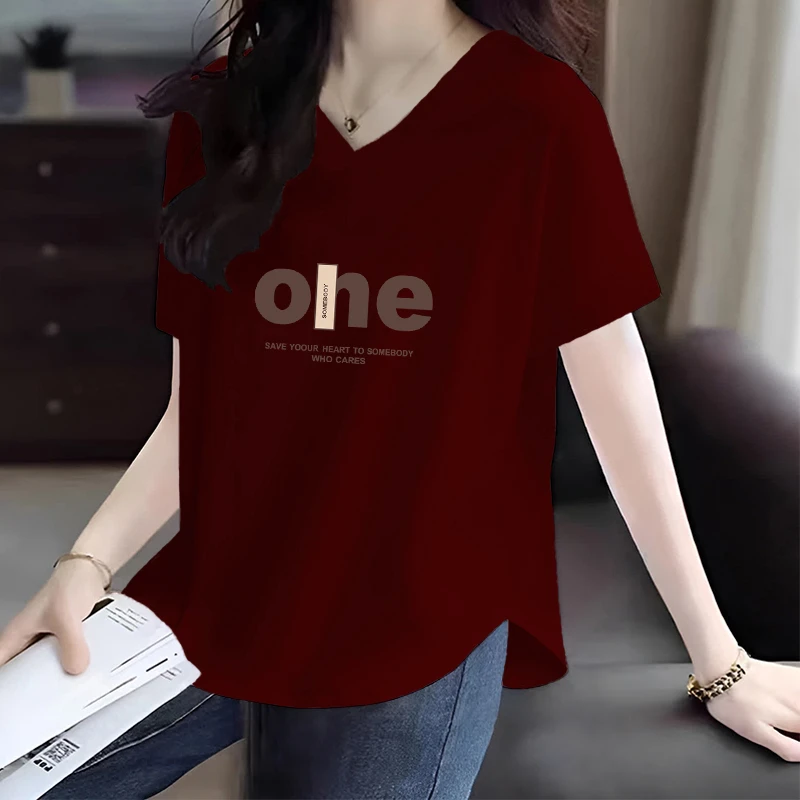 夏季新款100%纯棉短袖V领T恤女士休闲百搭宽松设计感胖妹妹上衣潮