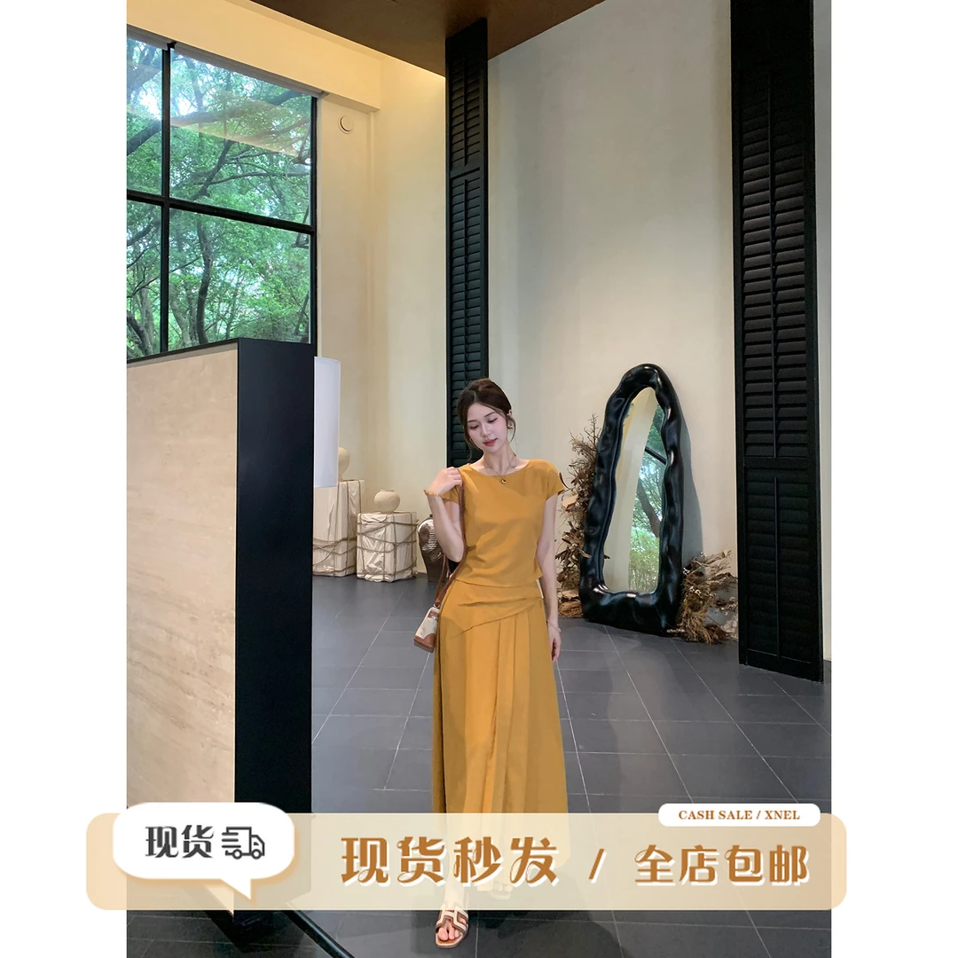 陳文文xenl【落日香颂】新款极简风气质套装绑带上衣半裙两件套9674