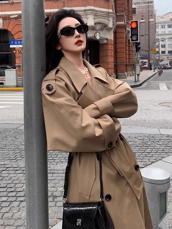 风衣外套女款2025新款高级感廓形大翻领双排扣长款气质卡其色大衣