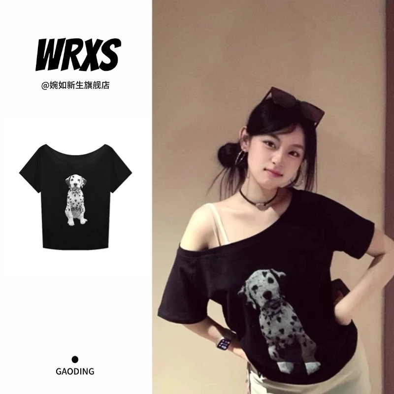 【婉如新生】黑色纯欲斜肩斑点狗短袖t恤女夏季设计感宽松上衣别致