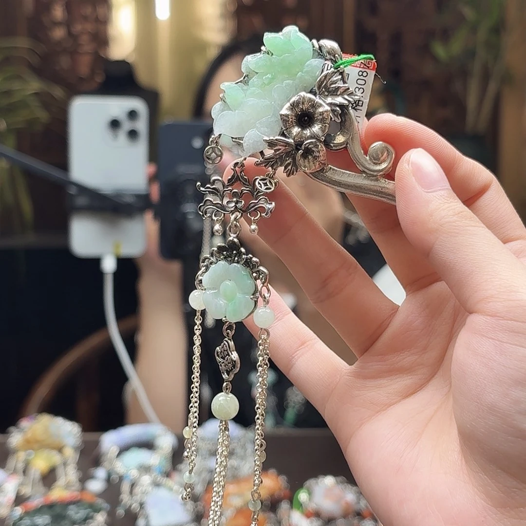 翡翠银S925镶嵌发簪发簪