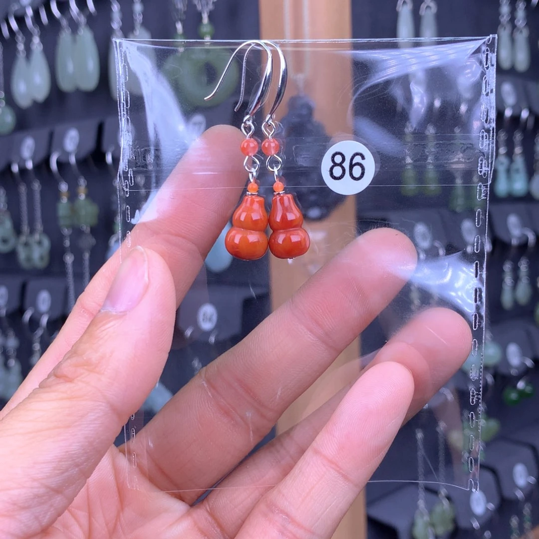 南红玛瑙耳饰银S925镶嵌喝**黄