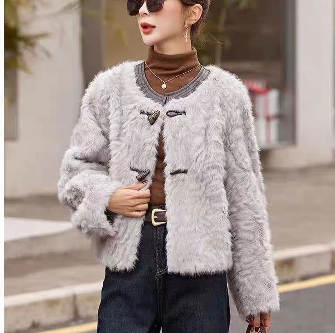 冬季女短款花狐绒小香风短外套女士短外套拼接女装