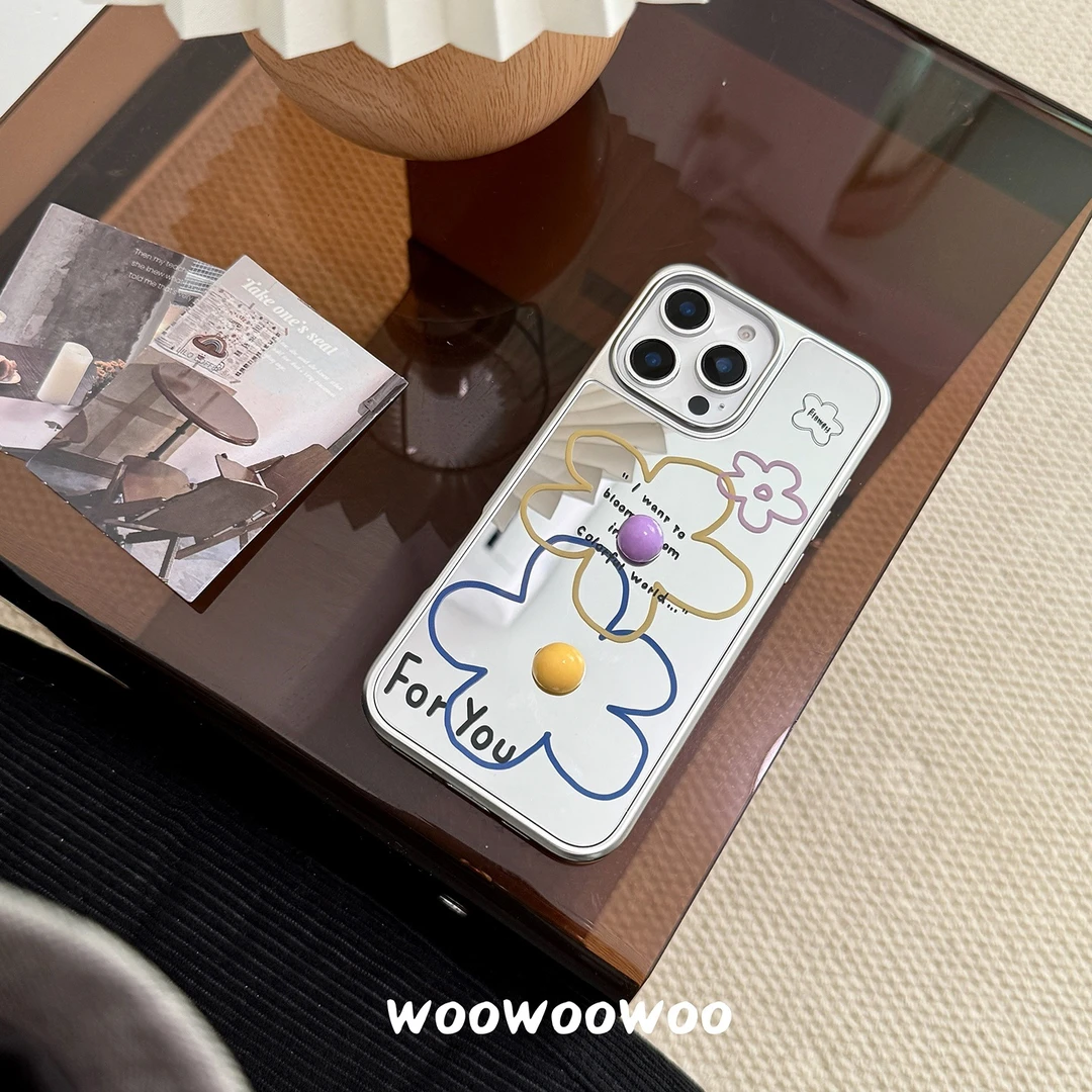 小众ins清新小花镜面手机壳适用iphone16promax苹果15新款14可爱