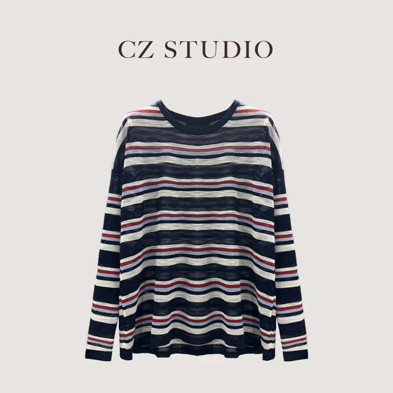 常规款条纹防晒长袖薄款时尚百搭松弛感上衣长袖T恤