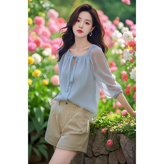 2025夏季今年流行漂亮小衫高级感蓝色雪纺衬衫女士七分袖时尚上衣
