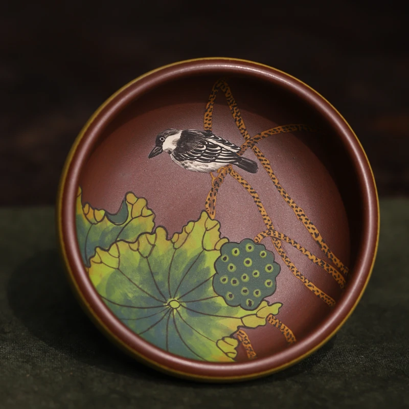 宜兴紫砂 | 普洱杯  双面泥绘 粉浆黄段小鸟紫砂主人杯