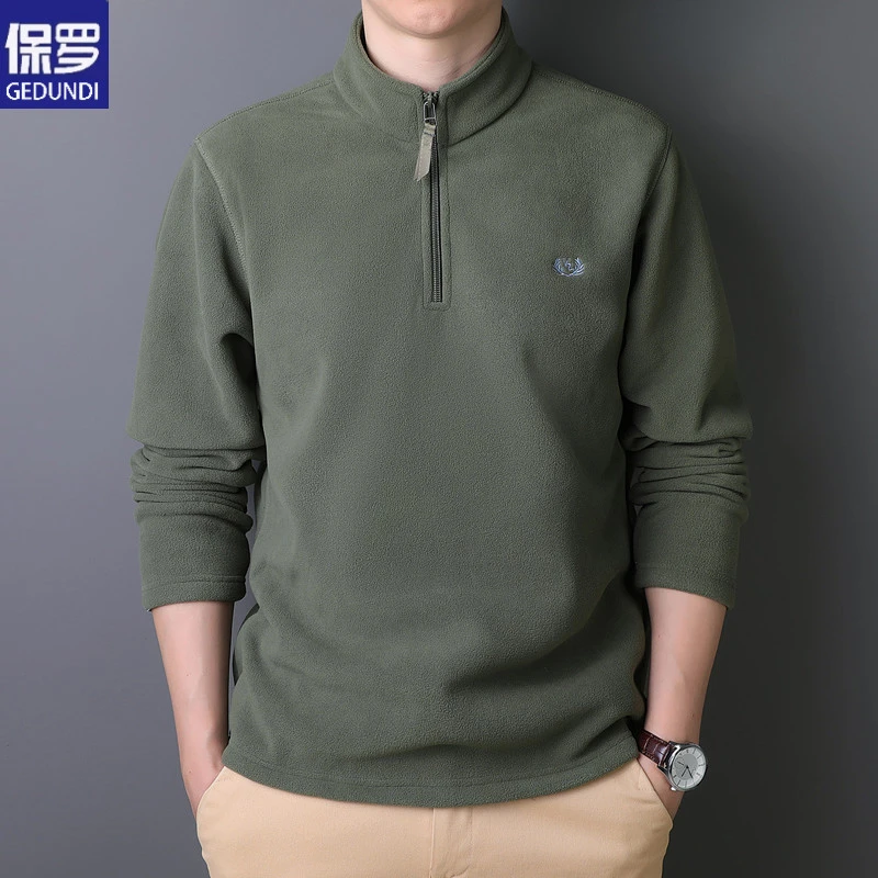男士半拉链抓绒衣t恤保暖拉链半高领中年长袖摇粒绒卫衣打底衫