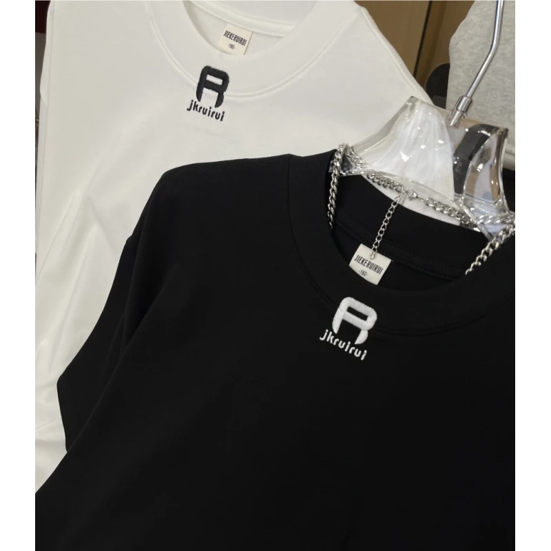 3261【凯】新款简约R字短袖T恤中大童亲子百搭落肩短袖上衣