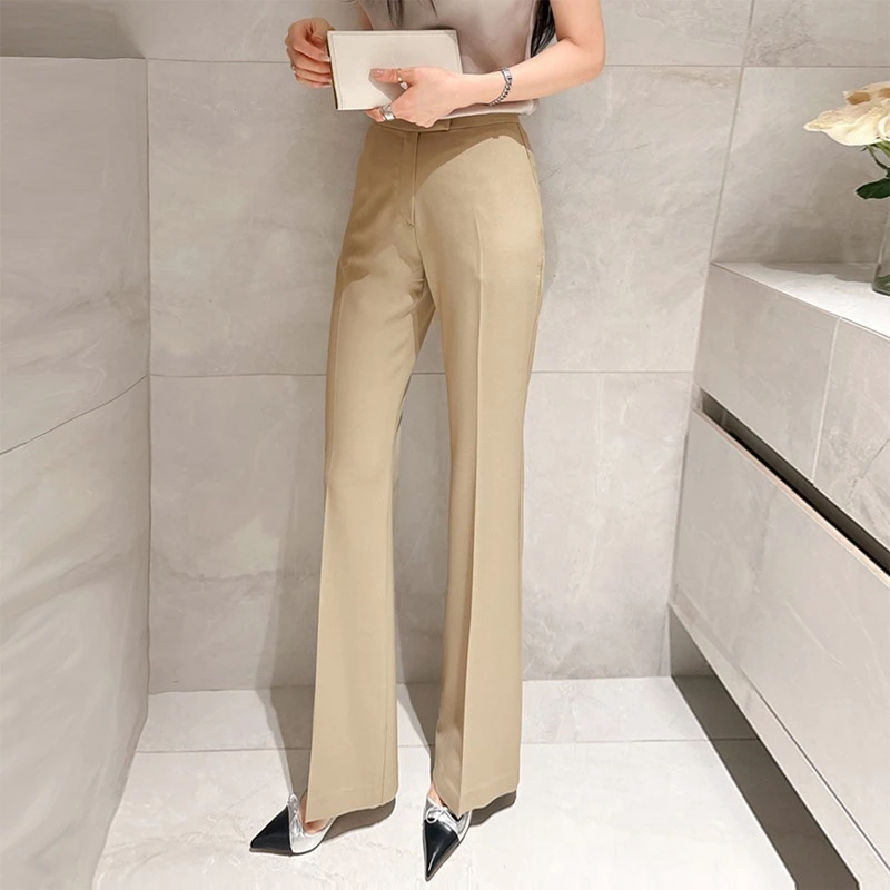 卡其色微喇裤女2025春夏新款高腰垂感休闲裤小个子显瘦喇叭西装裤