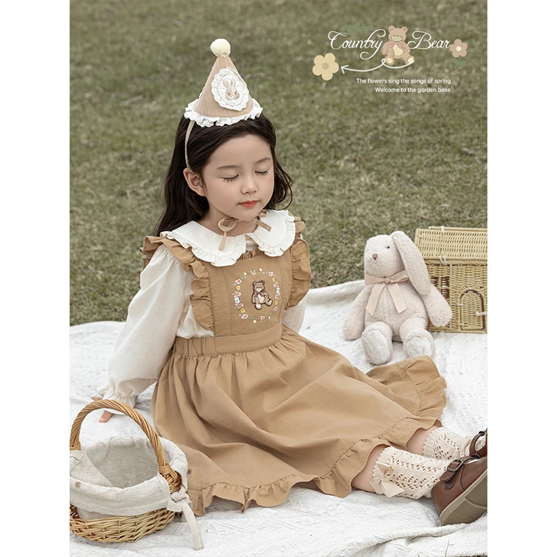 幼悠【田园小熊】春贰波春秋长袖洋气百搭韩版女童背心连衣裙 C3096