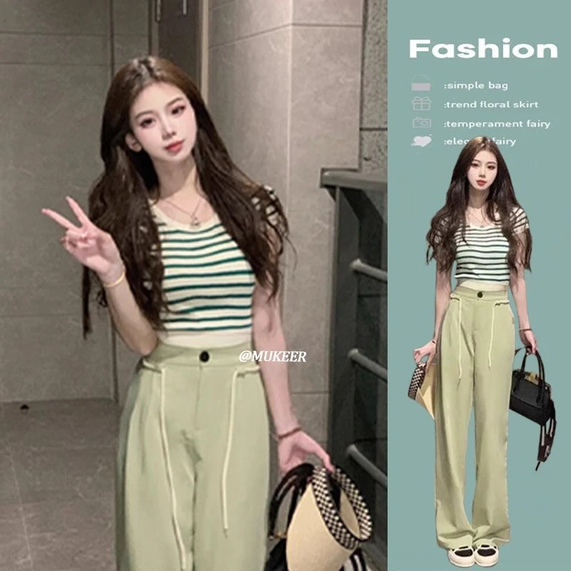 韩系氛围感穿搭夏季2025新款绿色系条纹T恤上衣高腰阔腿裤两件套