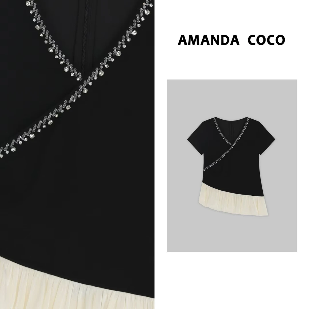 NANA# 赴约夏日～夏季法式串钻轻熟风荷叶边拼接短袖上衣