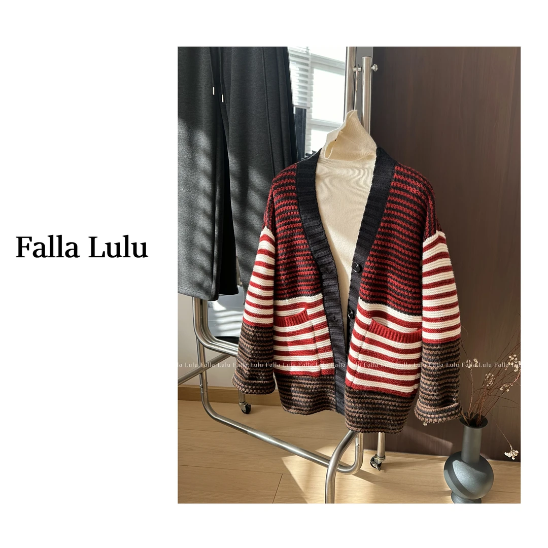 @英子家  挚爱自留！加厚红色条纹毛衣慵懒风宽松开衫外套  C2332